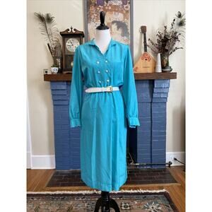 Vintage Schrader Sport Turquoise New York Belted Shirt Dress Size 8 S/M 80s